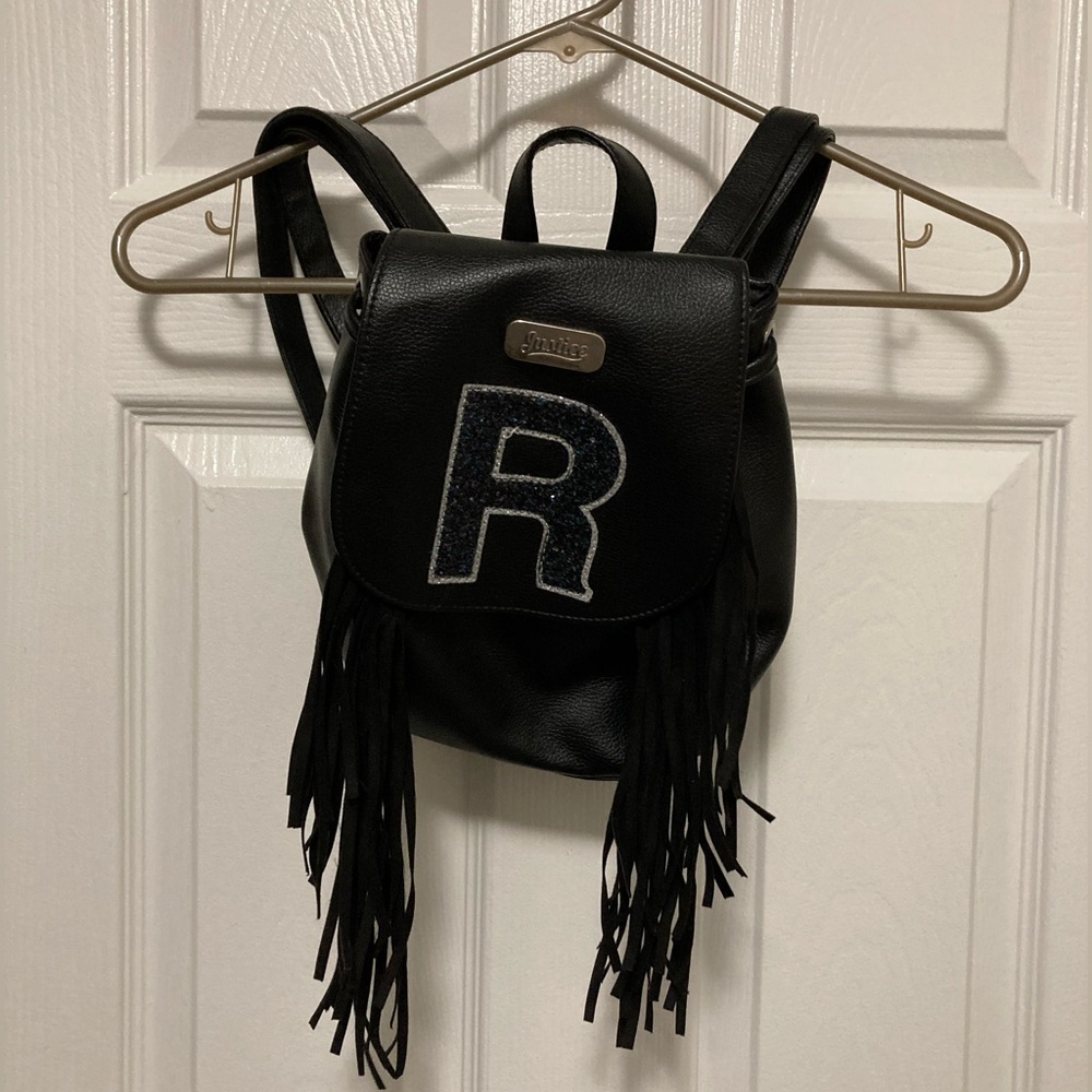 Justice Black Vegan Leather Mini Backpack with Letter R Fringe Tassel